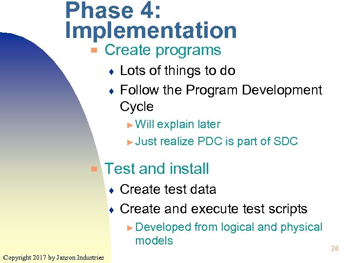 Phase 4: Implementation ▀ Create programs ♦ ♦ Lots of things to do Follow