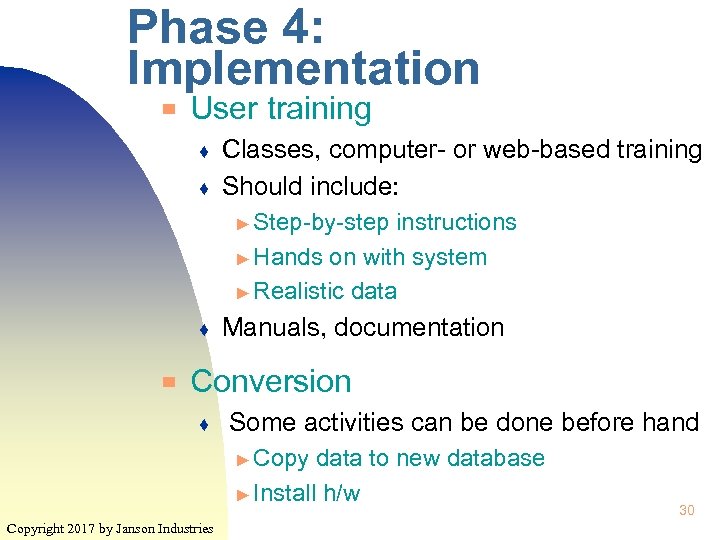 Phase 4: Implementation ▀ User training ♦ ♦ Classes, computer- or web-based training Should