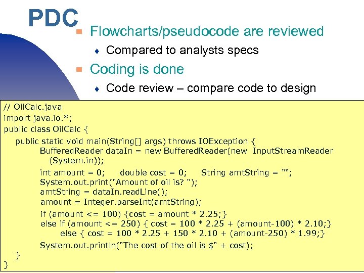 PDC ▀ Flowcharts/pseudocode are reviewed ♦ ▀ Compared to analysts specs Coding is done