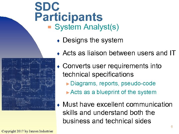 SDC Participants ▀ System Analyst(s) ♦ Designs the system ♦ Acts as liaison between