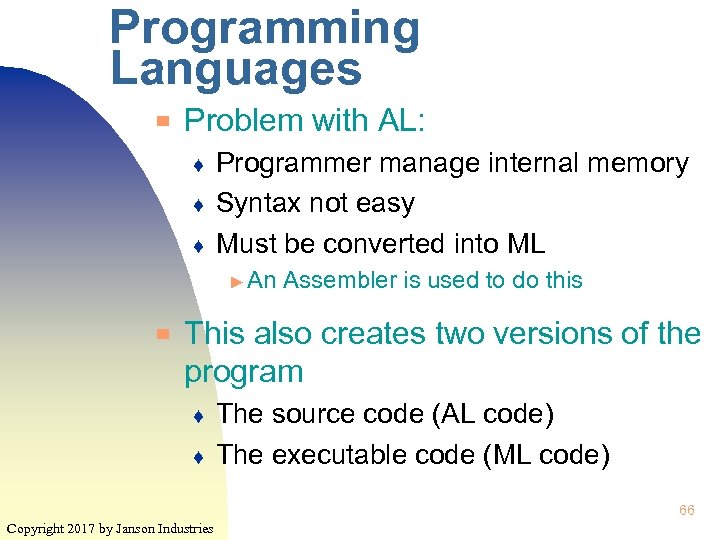 Programming Languages ▀ Problem with AL: ♦ ♦ ♦ Programmer manage internal memory Syntax
