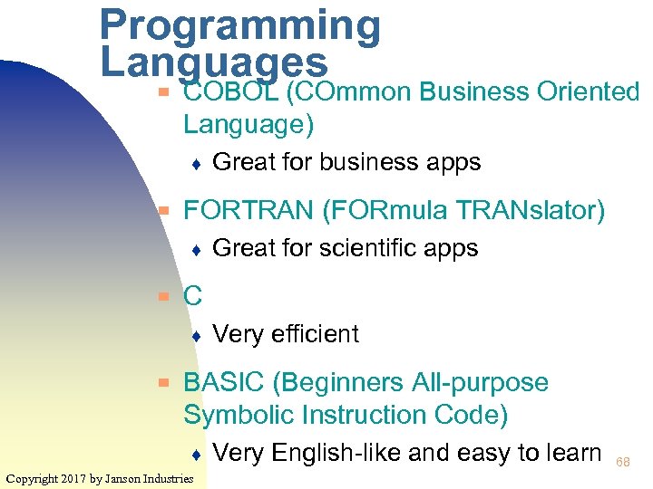 Programming Languages ▀ COBOL (COmmon Business Oriented Language) ♦ ▀ FORTRAN (FORmula TRANslator) ♦