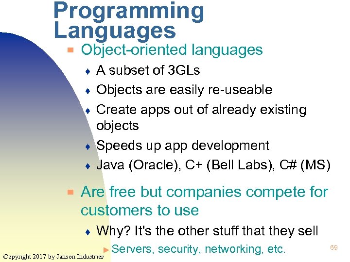 Programming Languages ▀ Object-oriented languages ♦ ♦ ♦ ▀ A subset of 3 GLs