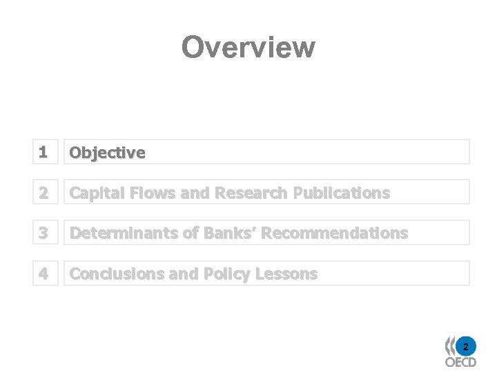 Overview 1 Objective 2 Capital Flows and Research Publications 3 Determinants of Banks’ Recommendations