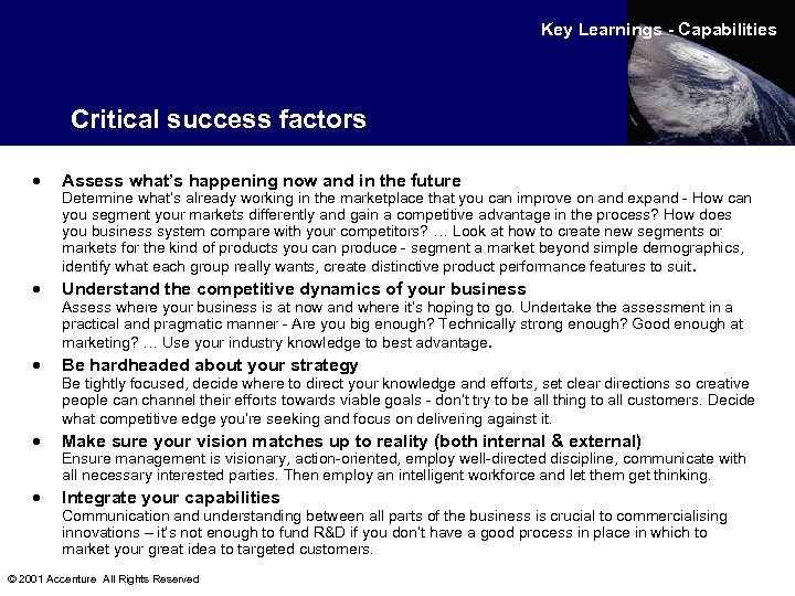 Key Learnings - Capabilities Critical success factors · Assess what’s happening now and in