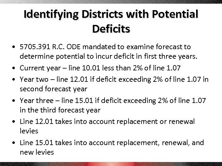 Identifying Districts with Potential Deficits • 5705. 391 R. C. ODE mandated to examine
