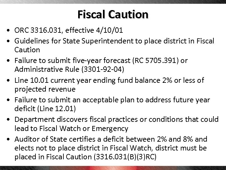Fiscal Caution • ORC 3316. 031, effective 4/10/01 • Guidelines for State Superintendent to