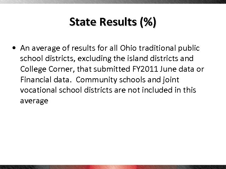State Results (%) • An average of results for all Ohio traditional public school