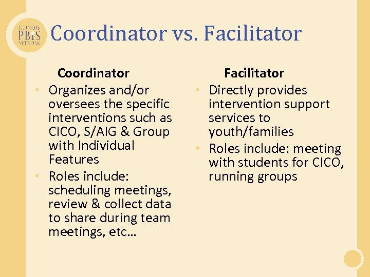 Coordinator vs. Facilitator Coordinator • Organizes and/or oversees the specific interventions such as CICO,
