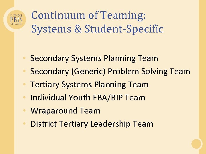 Continuum of Teaming: Systems & Student-Specific • • • Secondary Systems Planning Team Secondary