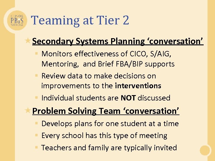Teaming at Tier 2 Secondary Systems Planning ‘conversation’ § Monitors effectiveness of CICO, S/AIG,