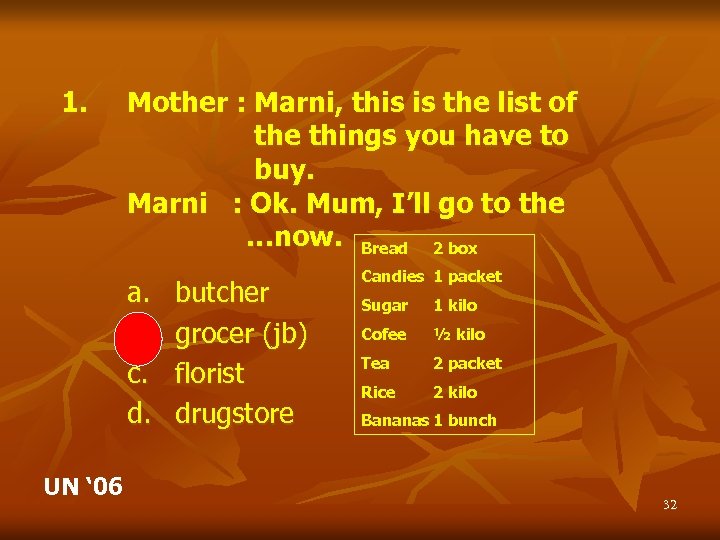 1. Mother : Marni, this is the list of the things you have to