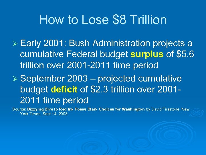 How to Lose $8 Trillion Ø Early 2001: Bush Administration projects a cumulative Federal