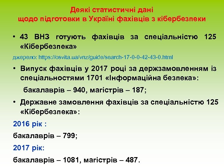 Деякі статистичні дані щодо підготовки в Україні фахівців з кібербезпеки • 43 ВНЗ готують