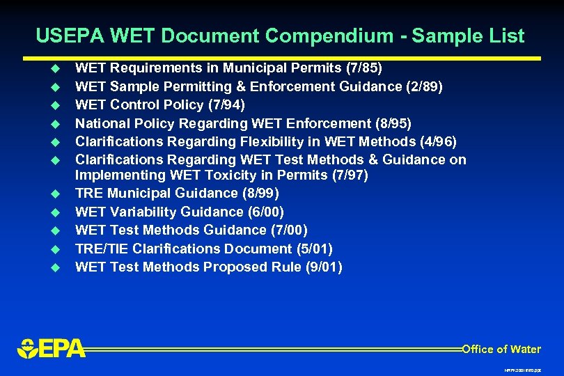 USEPA WET Document Compendium - Sample List u u u WET Requirements in Municipal