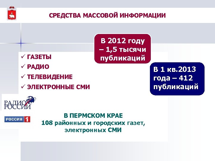 СРЕДСТВА МАССОВОЙ ИНФОРМАЦИИ ü ГАЗЕТЫ В 2012 году – 1, 5 тысячи публикаций ü
