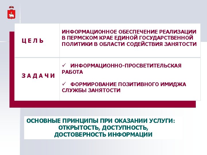 ЦЕЛЬ ЗАДАЧИ ИНФОРМАЦИОННОЕ ОБЕСПЕЧЕНИЕ РЕАЛИЗАЦИИ В ПЕРМСКОМ КРАЕ ЕДИНОЙ ГОСУДАРСТВЕННОЙ ПОЛИТИКИ В ОБЛАСТИ СОДЕЙСТВИЯ