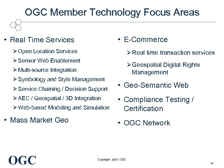 OGC Member Technology Focus Areas • E-Commerce • Real Time Services Ø Open Location