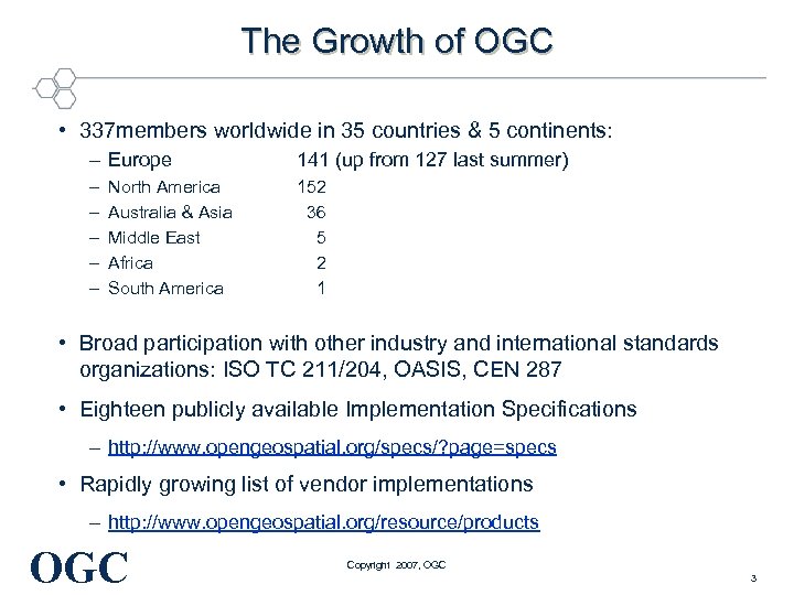 The Growth of OGC • 337 members worldwide in 35 countries & 5 continents: