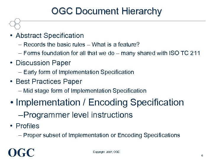 OGC Document Hierarchy • Abstract Specification – Records the basic rules – What is