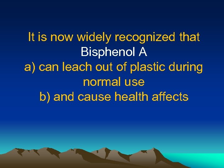 It is now widely recognized that Bisphenol A a) can leach out of plastic