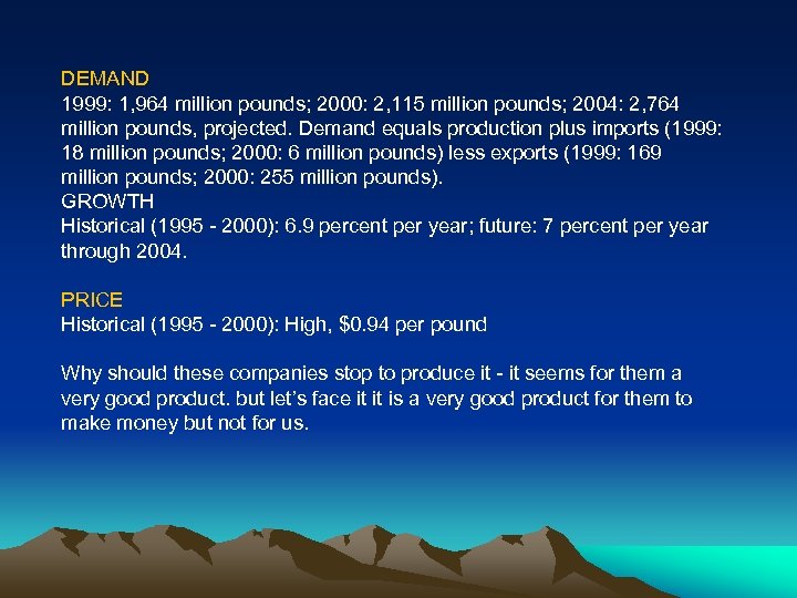 DEMAND 1999: 1, 964 million pounds; 2000: 2, 115 million pounds; 2004: 2, 764