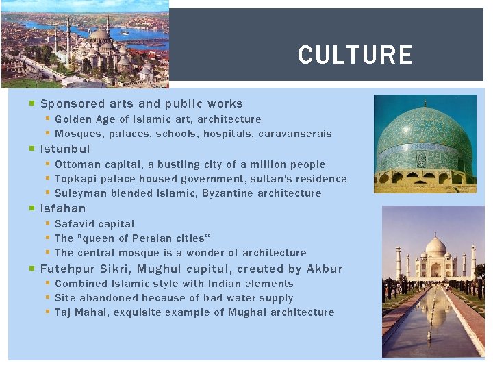 CULTURE Sponsored arts and public works § Golden Age of Islamic art, architecture §