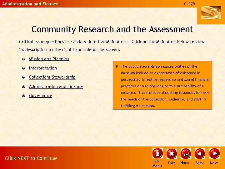 Administration and Finance C-125 Community Research and the Assessment Critical Issue questions are divided