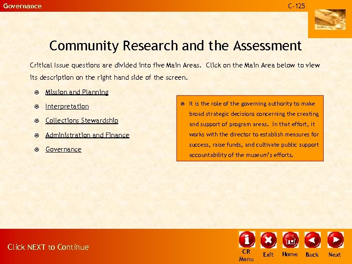 Governance C-125 Community Research and the Assessment Critical Issue questions are divided into five