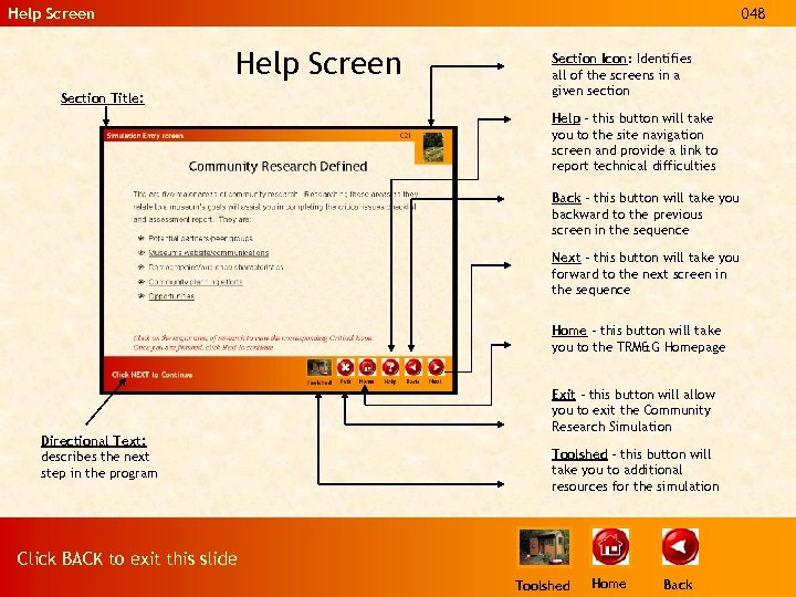 Help Screen 048 Help Screen Section Title: Section Icon: Identifies all of the screens