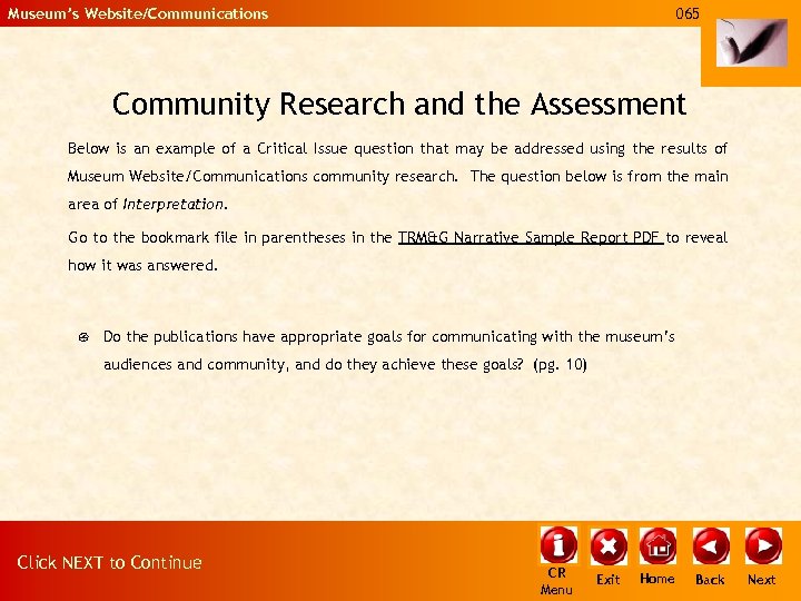 Museum’s Website/Communications 065 Community Research and the Assessment Below is an example of a