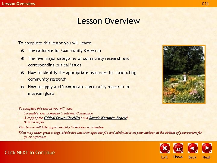 Lesson Overview 015 Lesson Overview To complete this lesson you will learn: { The