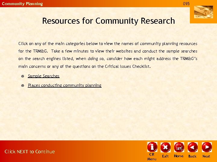 Community Planning 095 Resources for Community Research Click on any of the main categories