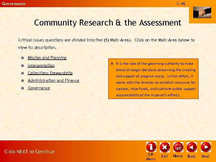 Governance C-46 Community Research & the Assessment Critical Issues questions are divided into five