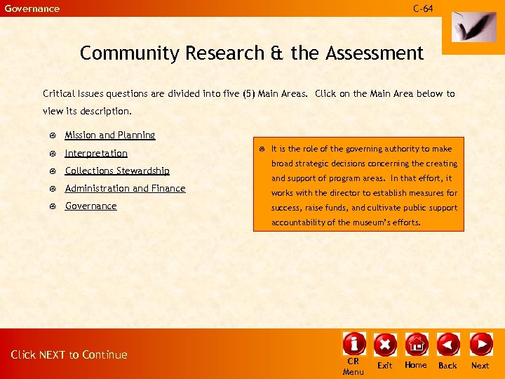 Governance C-64 Community Research & the Assessment Critical Issues questions are divided into five