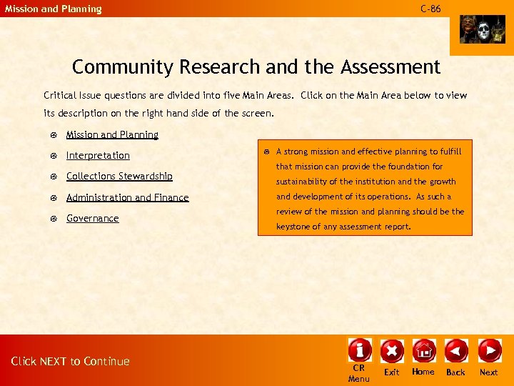 Mission and Planning C-86 Community Research and the Assessment Critical Issue questions are divided