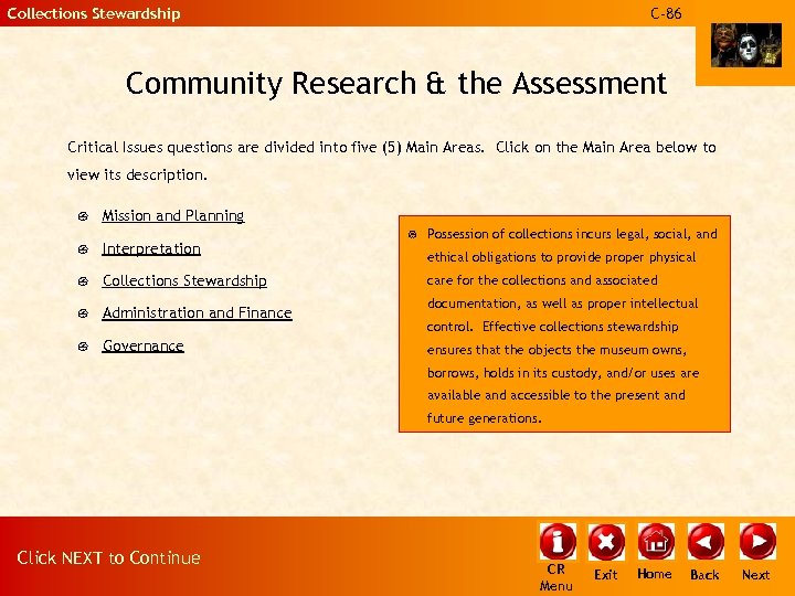 Collections Stewardship C-86 Community Research & the Assessment Critical Issues questions are divided into