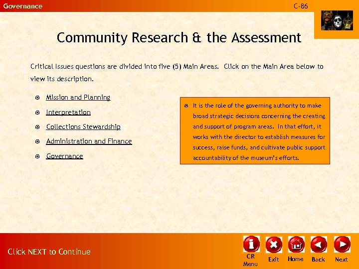 Governance C-86 Community Research & the Assessment Critical Issues questions are divided into five