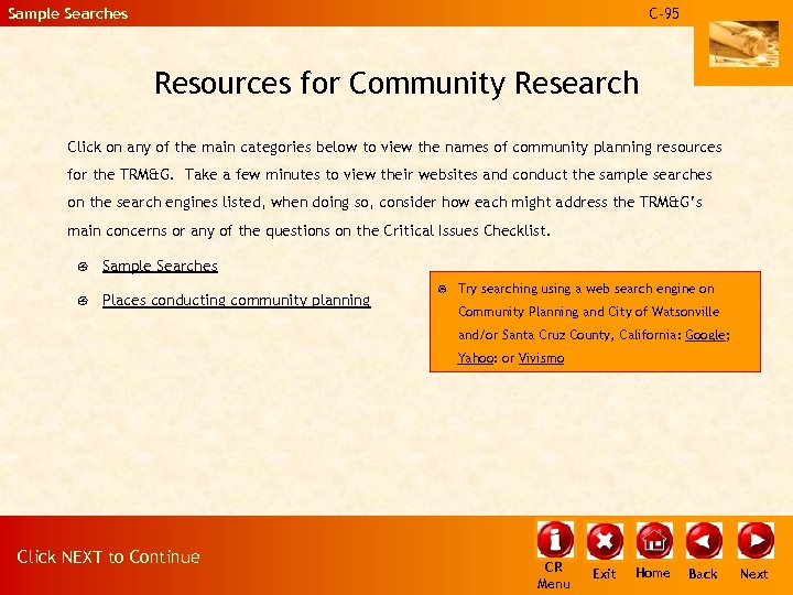 Sample Searches C-95 Resources for Community Research Click on any of the main categories