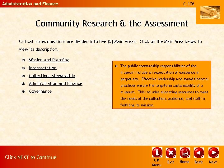 Administration and Finance C-106 Community Research & the Assessment Critical Issues questions are divided