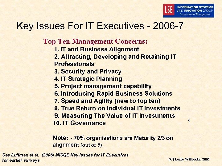 Key Issues For IT Executives - 2006 -7 Top Ten Management Concerns: 1. IT