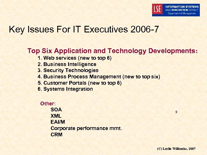 Key Issues For IT Executives 2006 -7 Top Six Application and Technology Developments: 1.