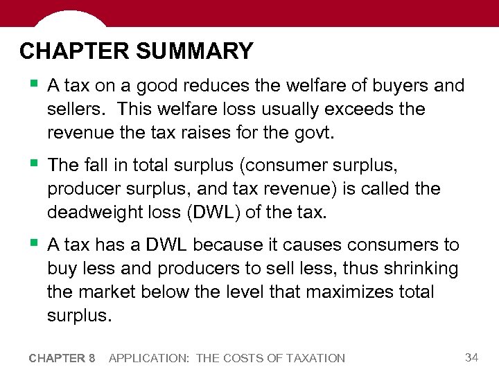 CHAPTER SUMMARY § A tax on a good reduces the welfare of buyers and