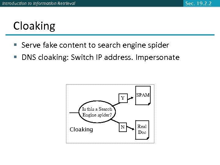 Introduction to Information Retrieval Sec. 19. 2. 2 Cloaking § Serve fake content to