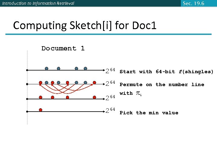 Introduction to Information Retrieval Sec. 19. 6 Computing Sketch[i] for Doc 1 Document 1