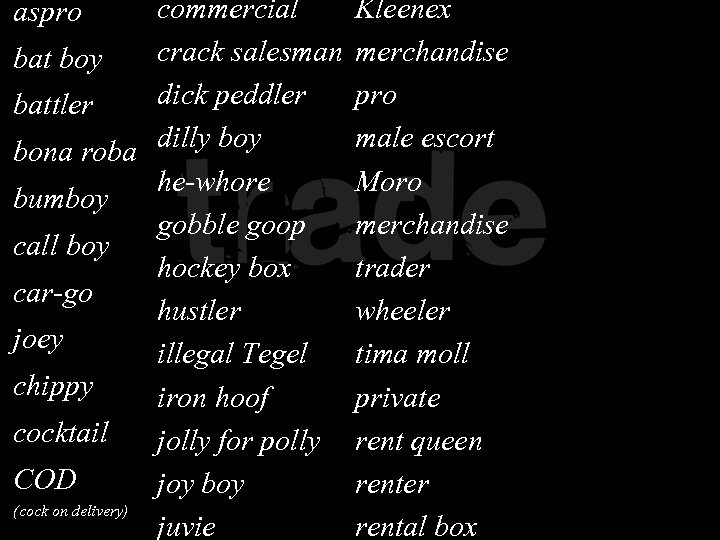 commercial crack salesman bat boy dick peddler battler dilly bona roba he-whore bumboy gobble