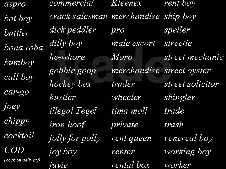 commercial crack salesman bat boy dick peddler battler dilly bona roba he-whore bumboy gobble