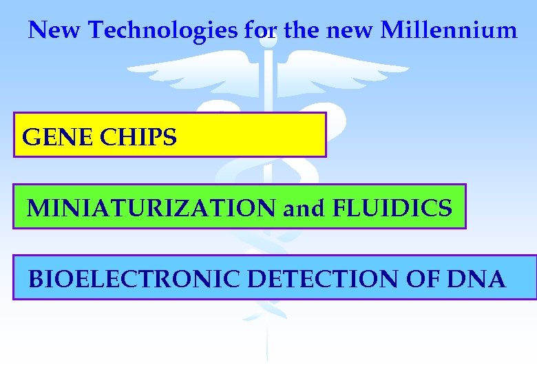 New Technologies for the new Millennium GENE CHIPS MINIATURIZATION and FLUIDICS BIOELECTRONIC DETECTION OF