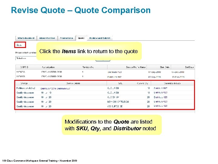Revise Quote – Quote Comparison Click the Items link to return to the quote