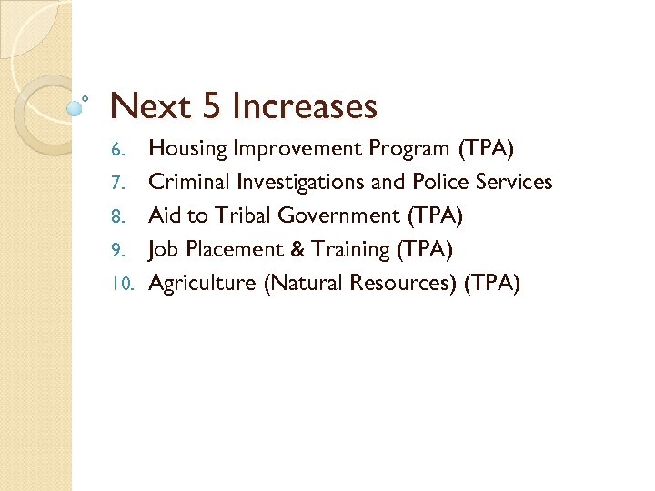 Next 5 Increases 6. 7. 8. 9. 10. Housing Improvement Program (TPA) Criminal Investigations